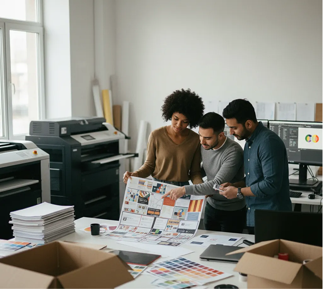 a man and woman in a printing shop looking at large prints